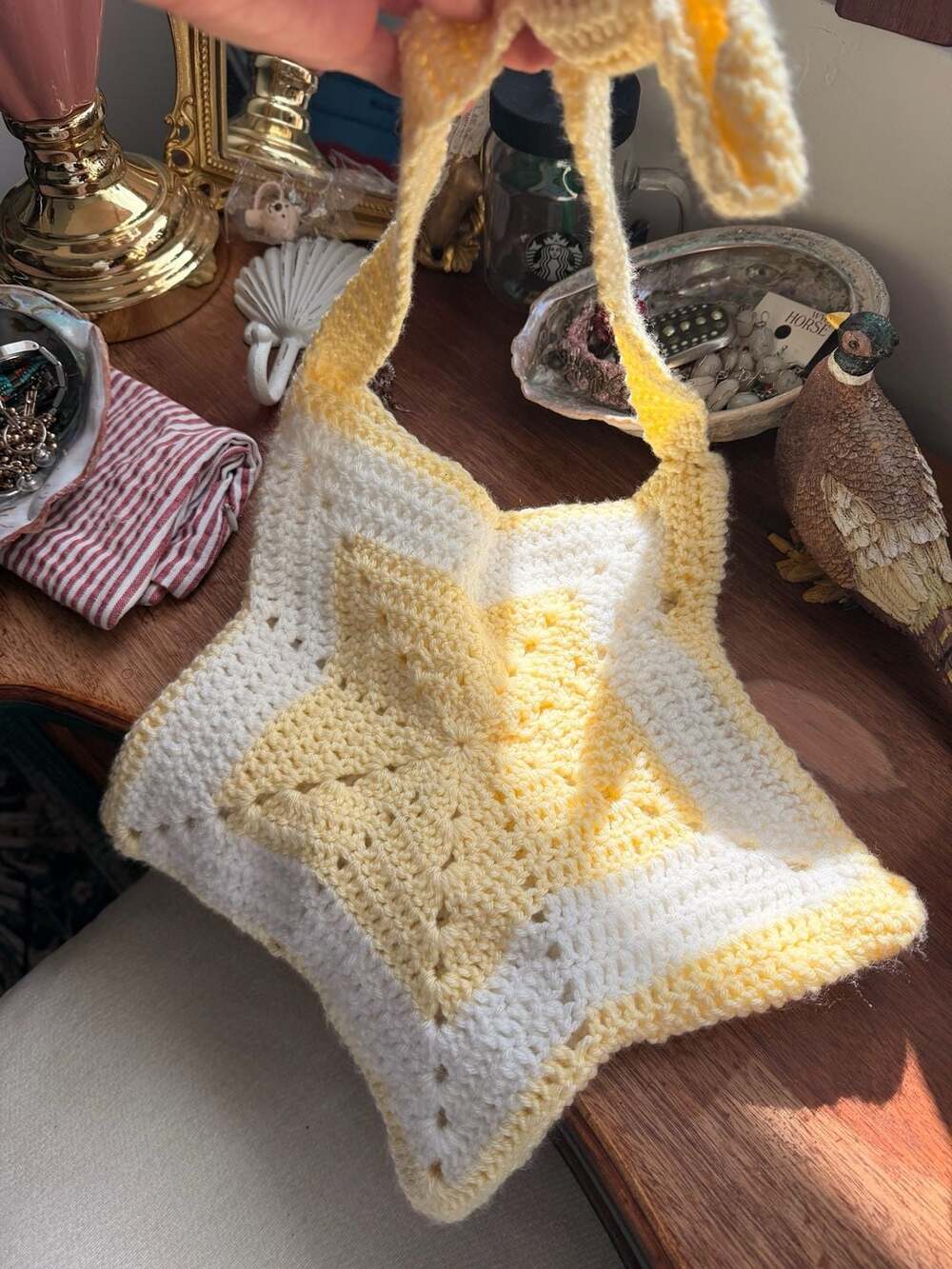 Y2K Cottagecore Cute Handmade Yellow & White Crochet Knitted Star Shoulder Bag